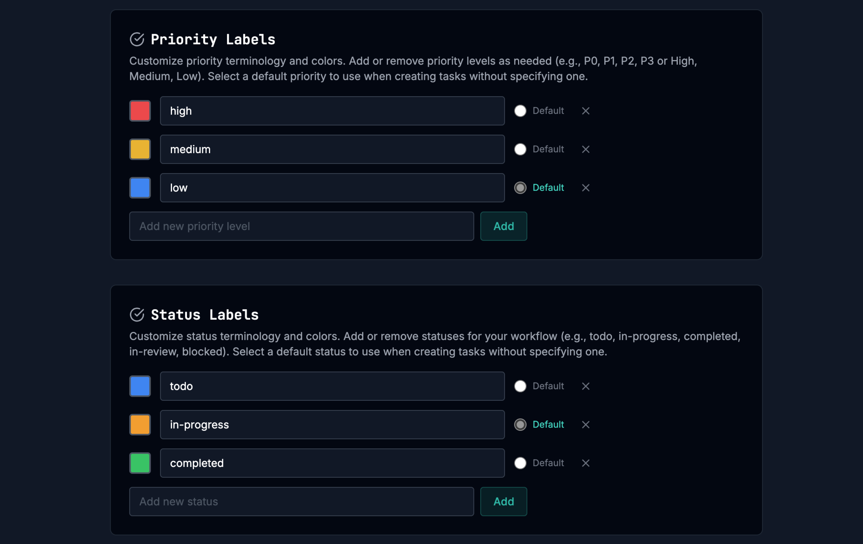 TaskShell custom priority and status workflow