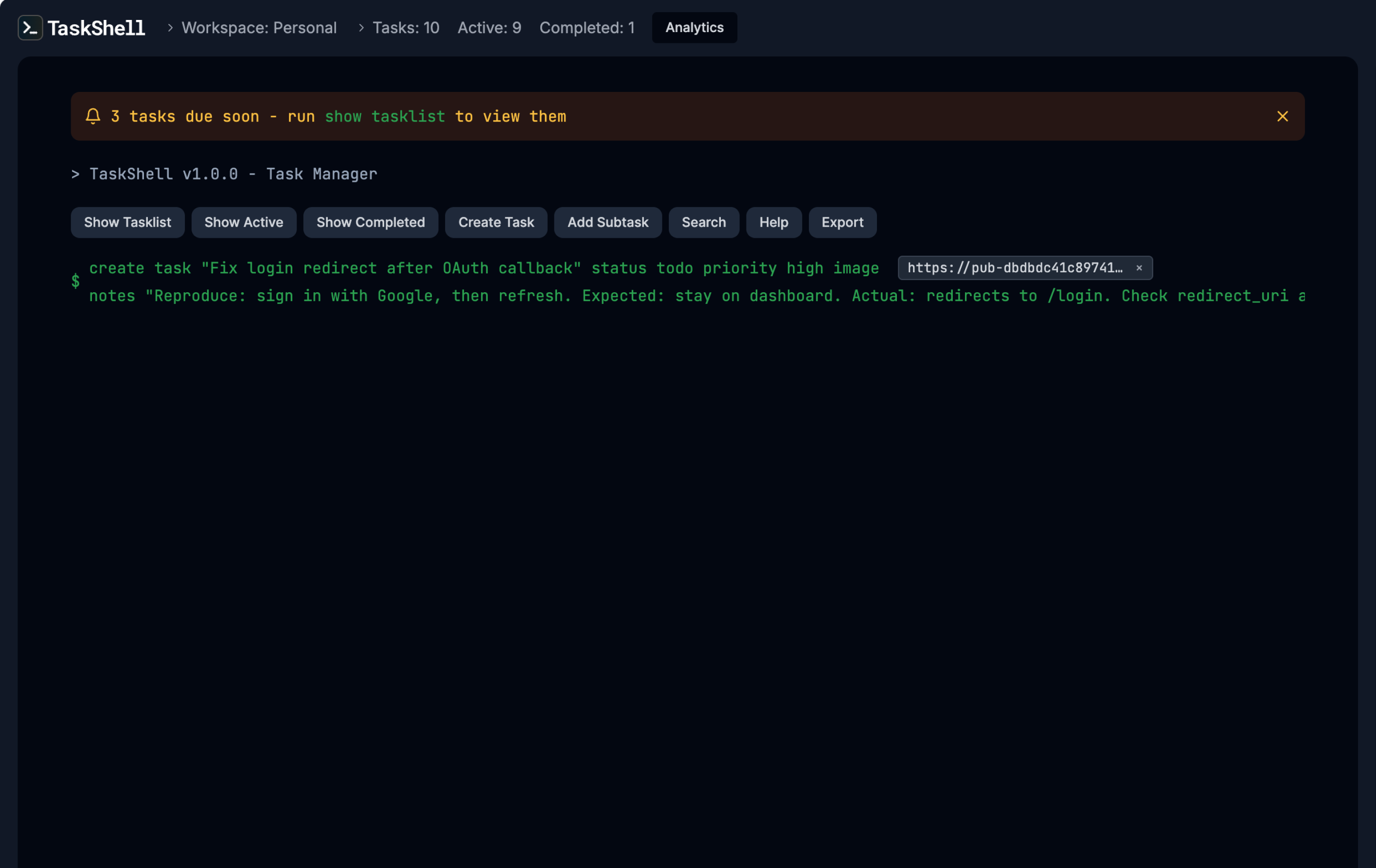 TaskShell modern task management with images, notes, subtasks, tags
