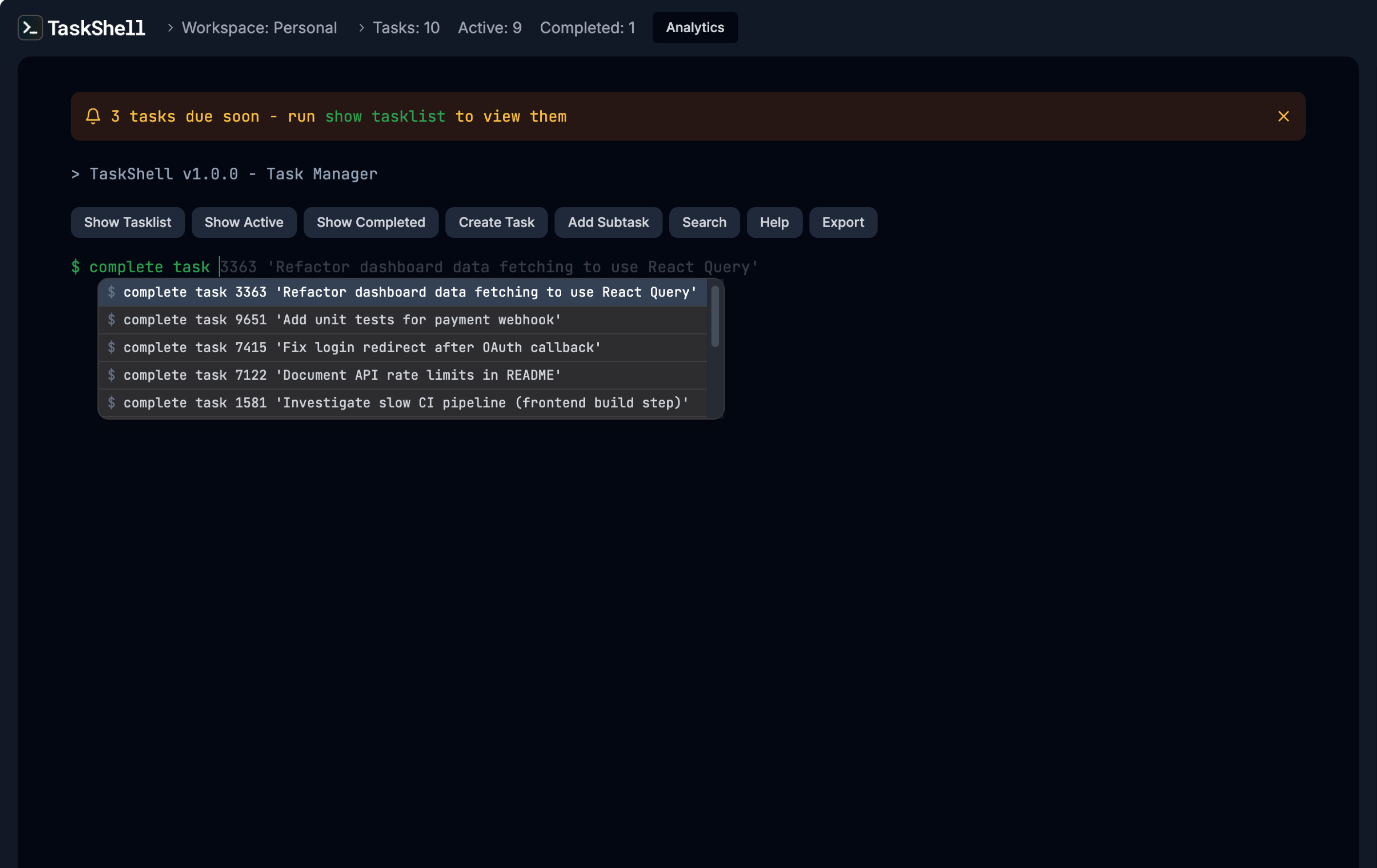 TaskShell IntelliSense-like tab complete