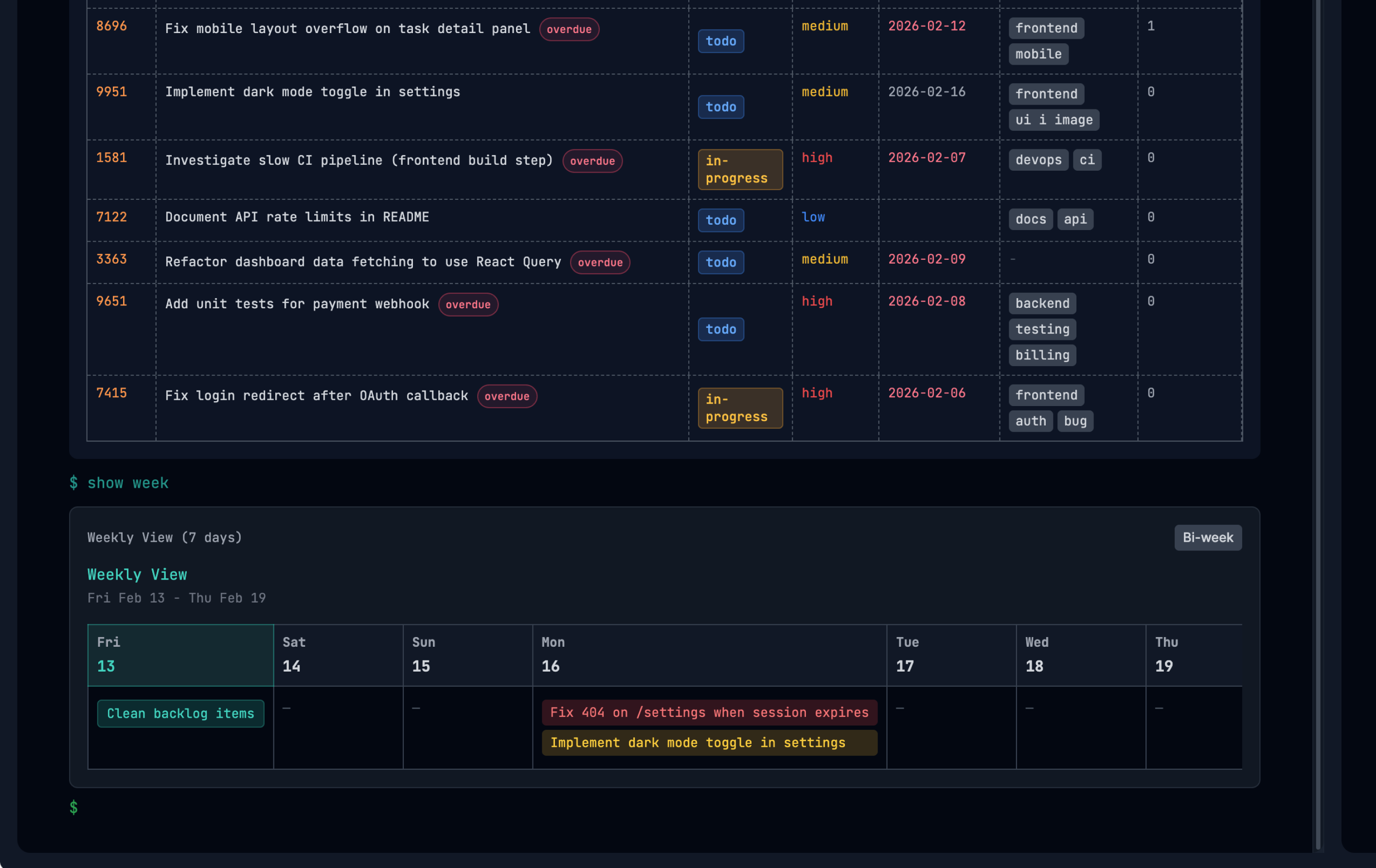 TaskShell weekly calendar view of tasks
